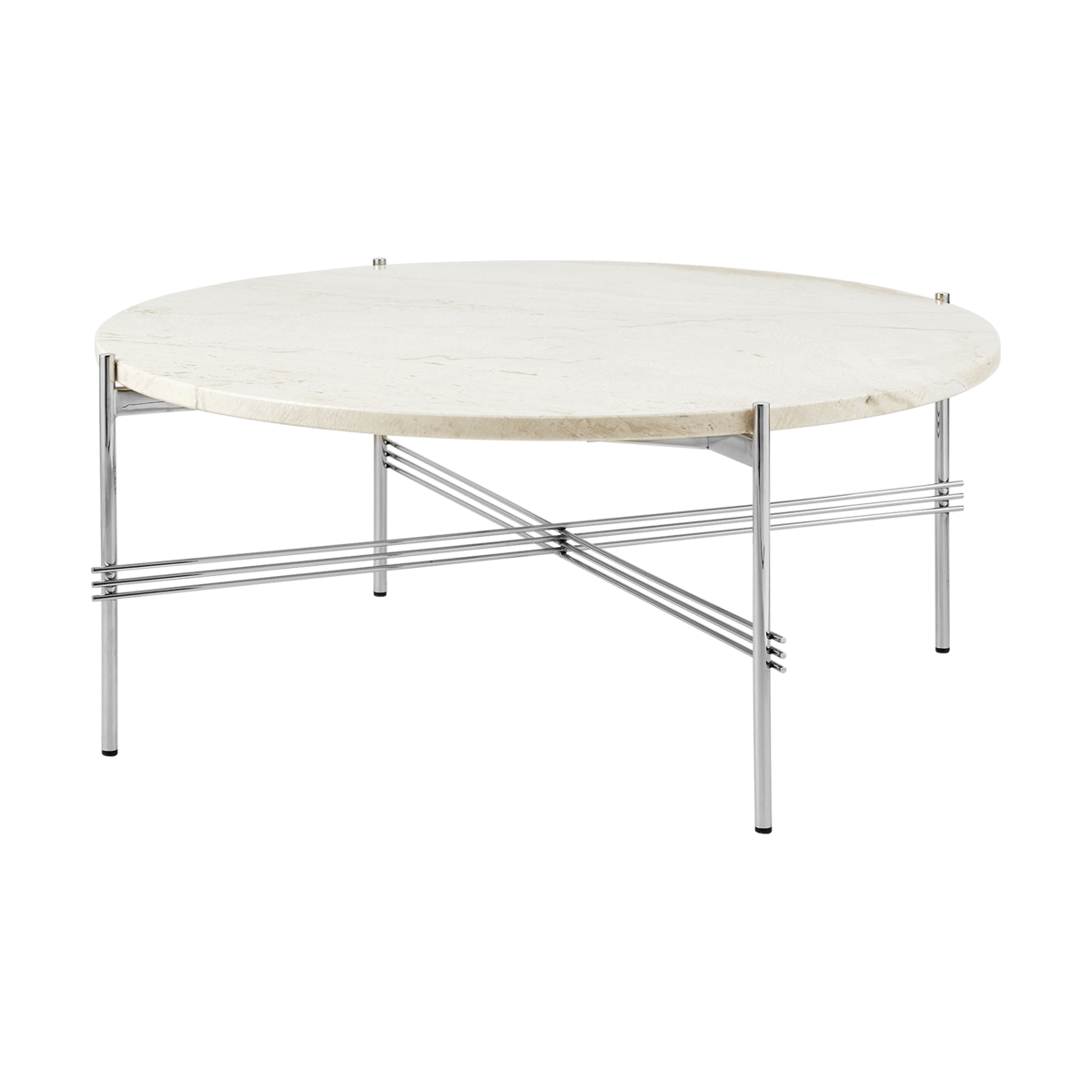 GUBI Table basse en acier poli TS Ø80 Neutral white travertine