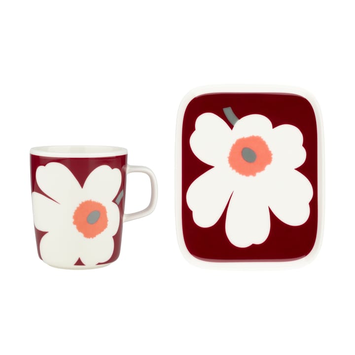 Mug du 60e anniversaire Unikko 25 cl + assiette 12x15 cm, White-dark cherry-ash grey Marimekko