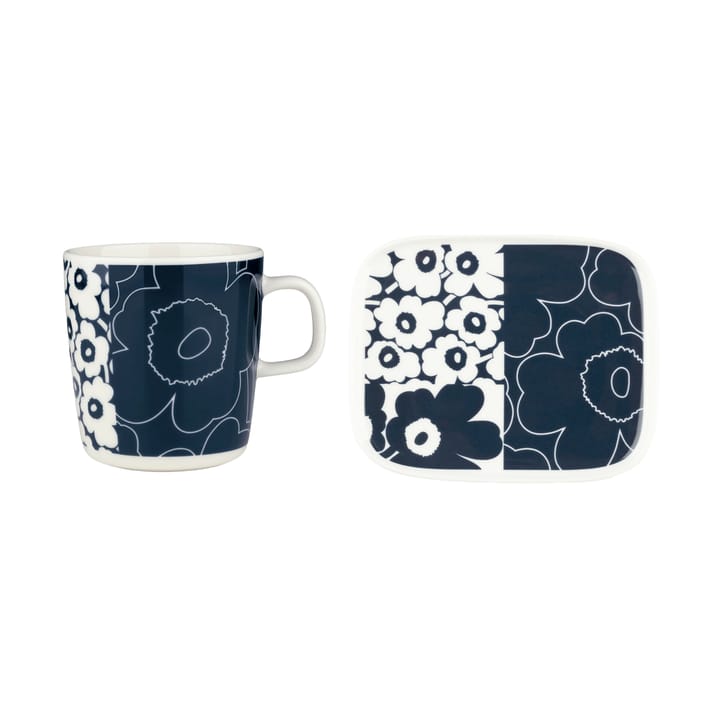 Plateau Unikko Kollaasi + tasse, 2 pièces - White-dark blue - Marimekko