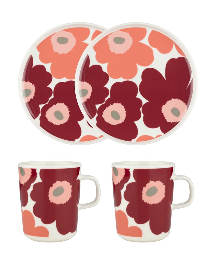 Set de petit-déjeuner Unikko, White-dark cherry-salmon red Marimekko