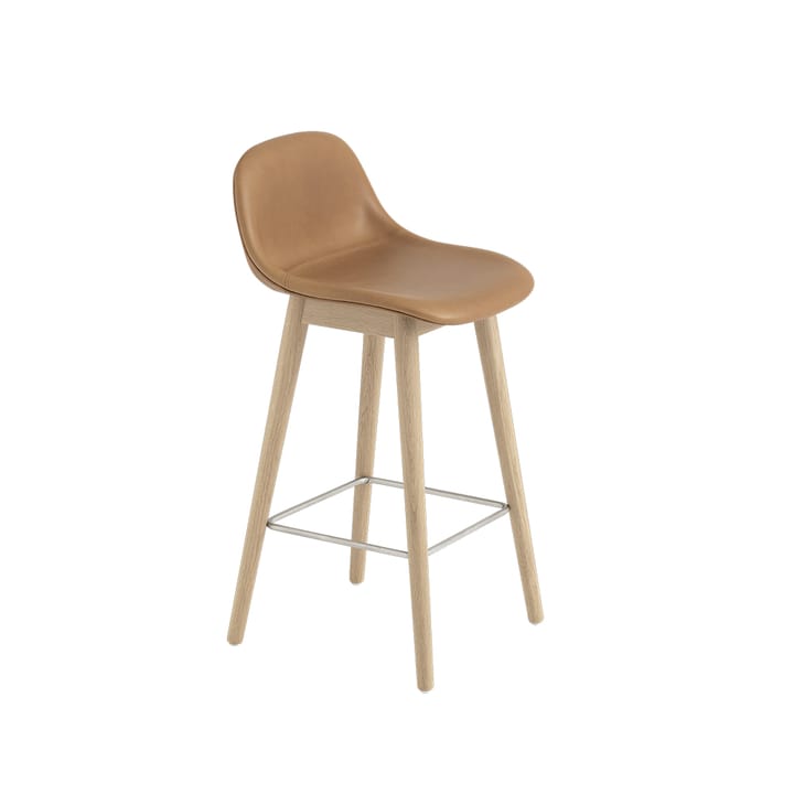 Tabouret de bar Fiber avec dossier 65 cm - Cuir refine cognac-pieds en chêne - Muuto