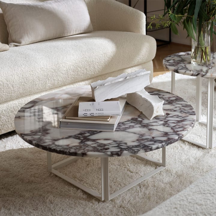 Table basse Florence, white viola marble, ø 90 cm, structure blanche New Works