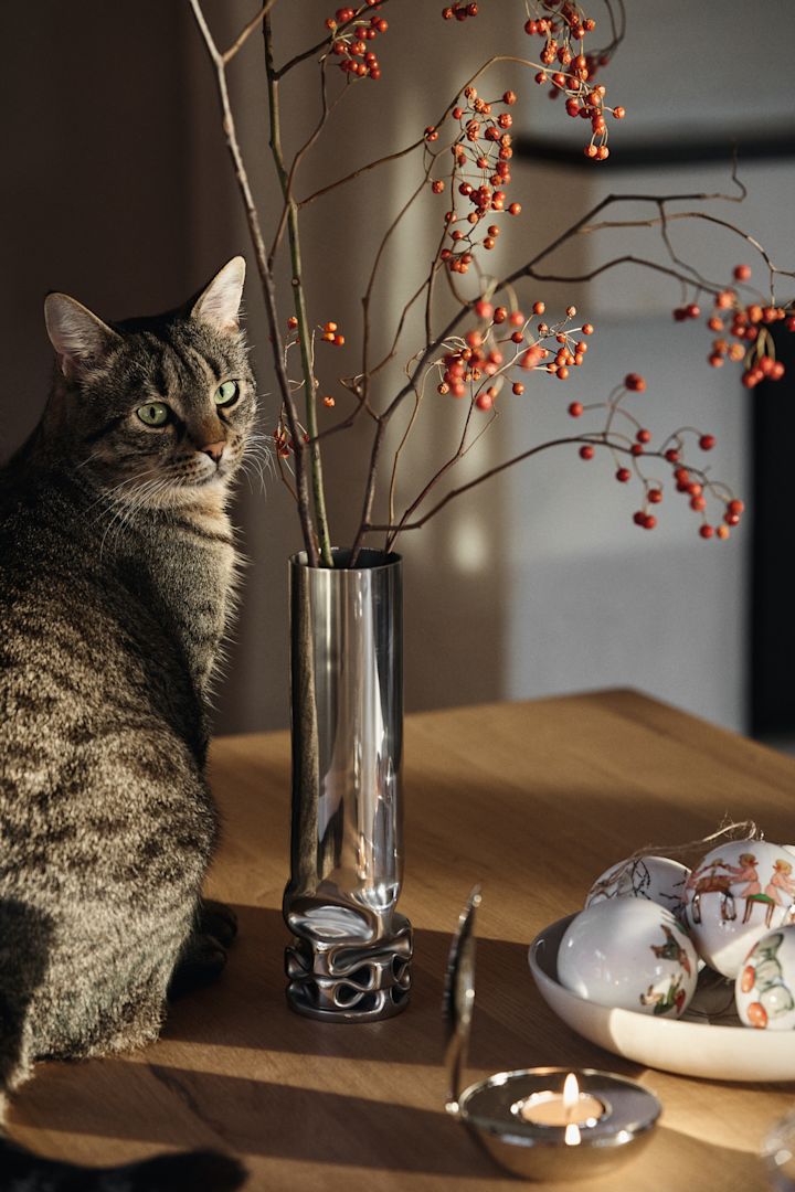 Ici, vous voyez un chat assis sur une table basse, à côté du vase Hydraulic, du porte-bougie à chauffe-plat Shell, ainsi qu'une coupe avec les boules de Noël Elsa Beskow, tous de Design House Stockholm.