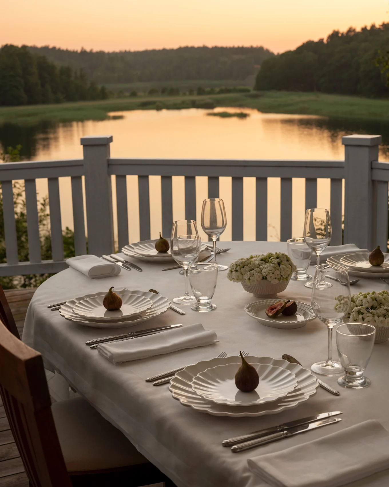Table à manger extérieure dressée avec des assiettes blanches festonnées, des couverts, des figues et des fleurs, donnant sur un lac au coucher du soleil.