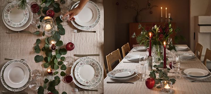 Deux vues d'une table de Noël simple, l'une d'en haut, l'autre de côté, où l'on peut voir des bougies rouges, de la vaisselle à motifs et des décorations de table naturelles. 