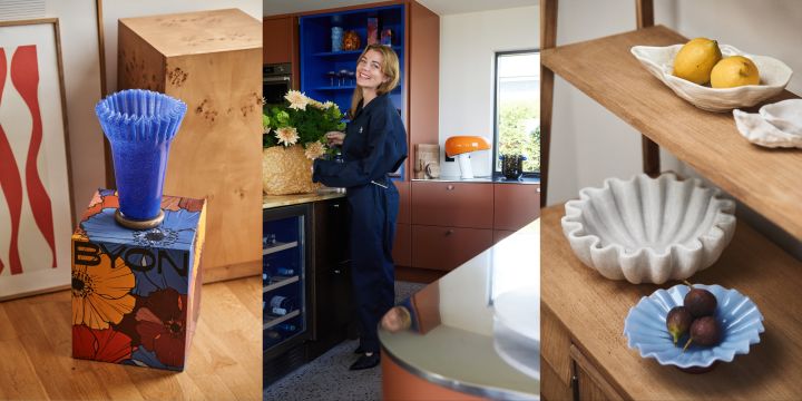 Photo montrant Beatrice Lindgren, directrice de la création chez Byon, avec le bol Lori en bleu clair et le vase Lori en bleu cobalt.