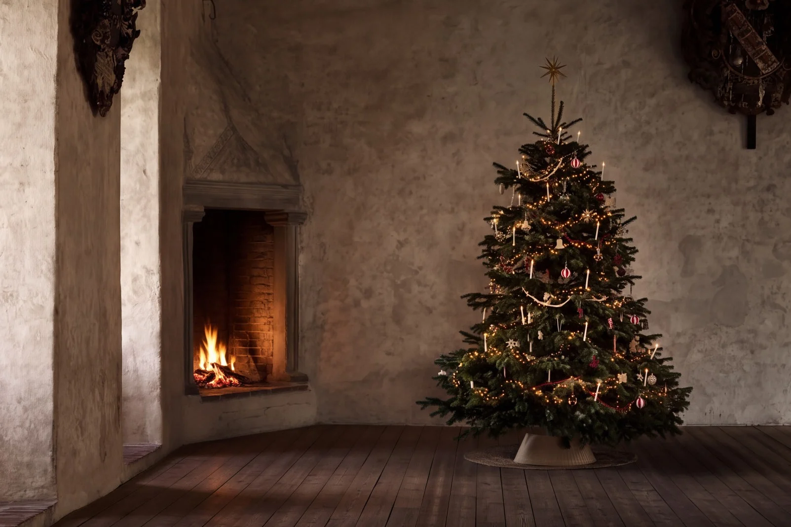 Un sapin de Noël décoré avec des bougies allumées et des ornements dans une pièce rustique avec une cheminée et un parquet.