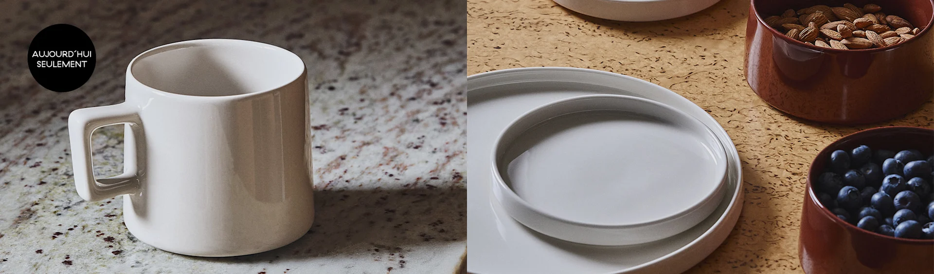 Mug blanc sur granit avec "AUJOURD'HUI SEULEMENT". À droite, assiettes blanches et bols marron avec amandes et myrtilles.