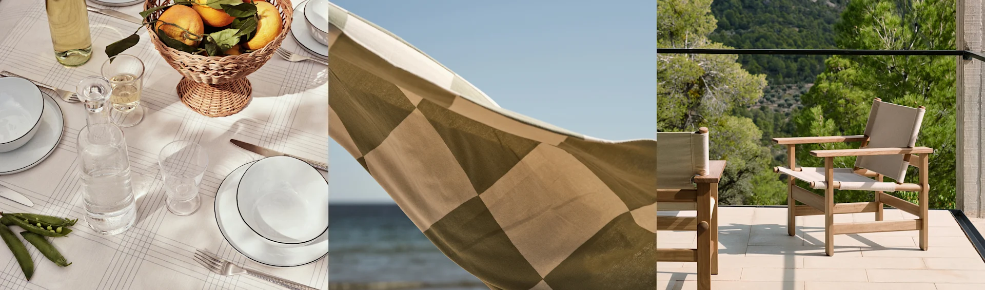 Trois panneaux: table dressée, tissu à carreaux au bord de la mer et chaises en bois sur un balcon.