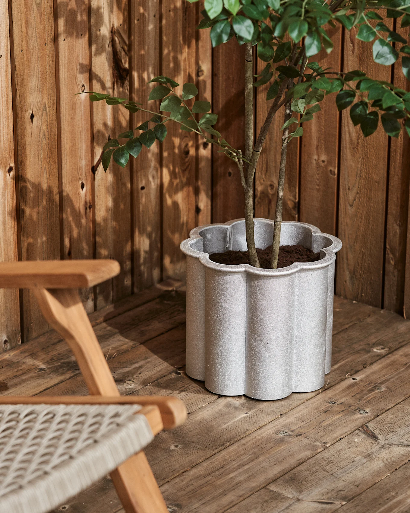 Un coin de terrasse avec une plante dans un pot festonné gris clair sur un sol en bois, à côté d'une chaise en bois.