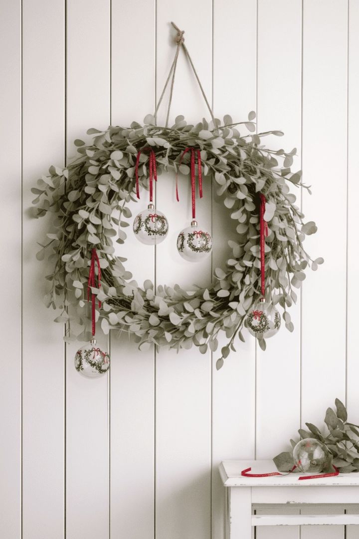 Les boules de Noël ne servent pas seulement à décorer le sapin de Noël, elles créent également une superbe ambiance de Noël lorsqu'elles sont disposées en couronne sur un mur.