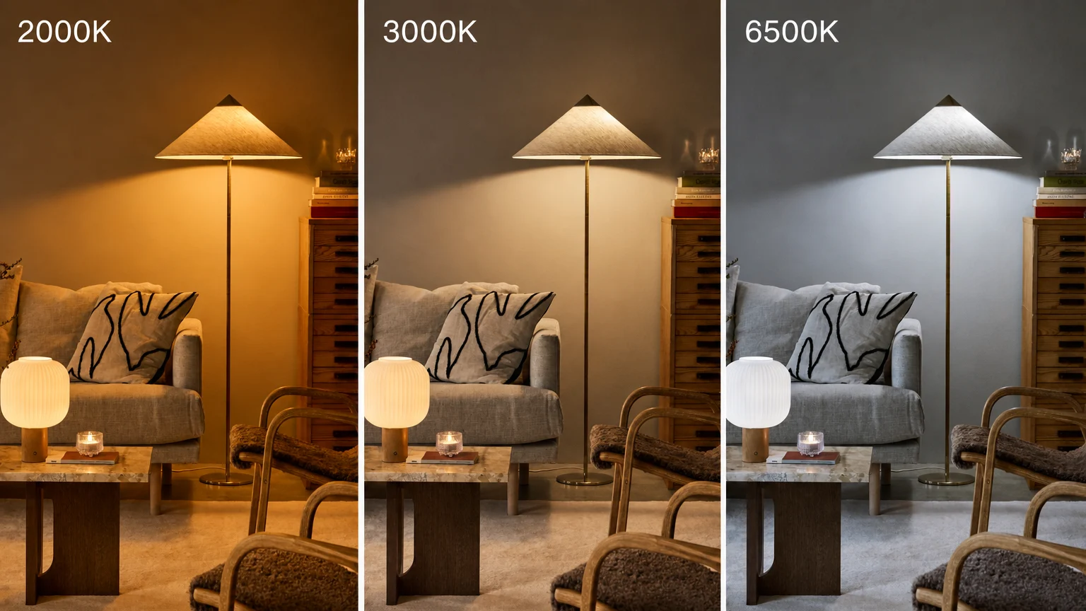 Une pièce représentée avec trois températures de lumière différentes. Gauche : lumière jaune chaude 2000K. Milieu : lumière chaude neutre 3000K. Droite : lumière blanche froide 6500K.